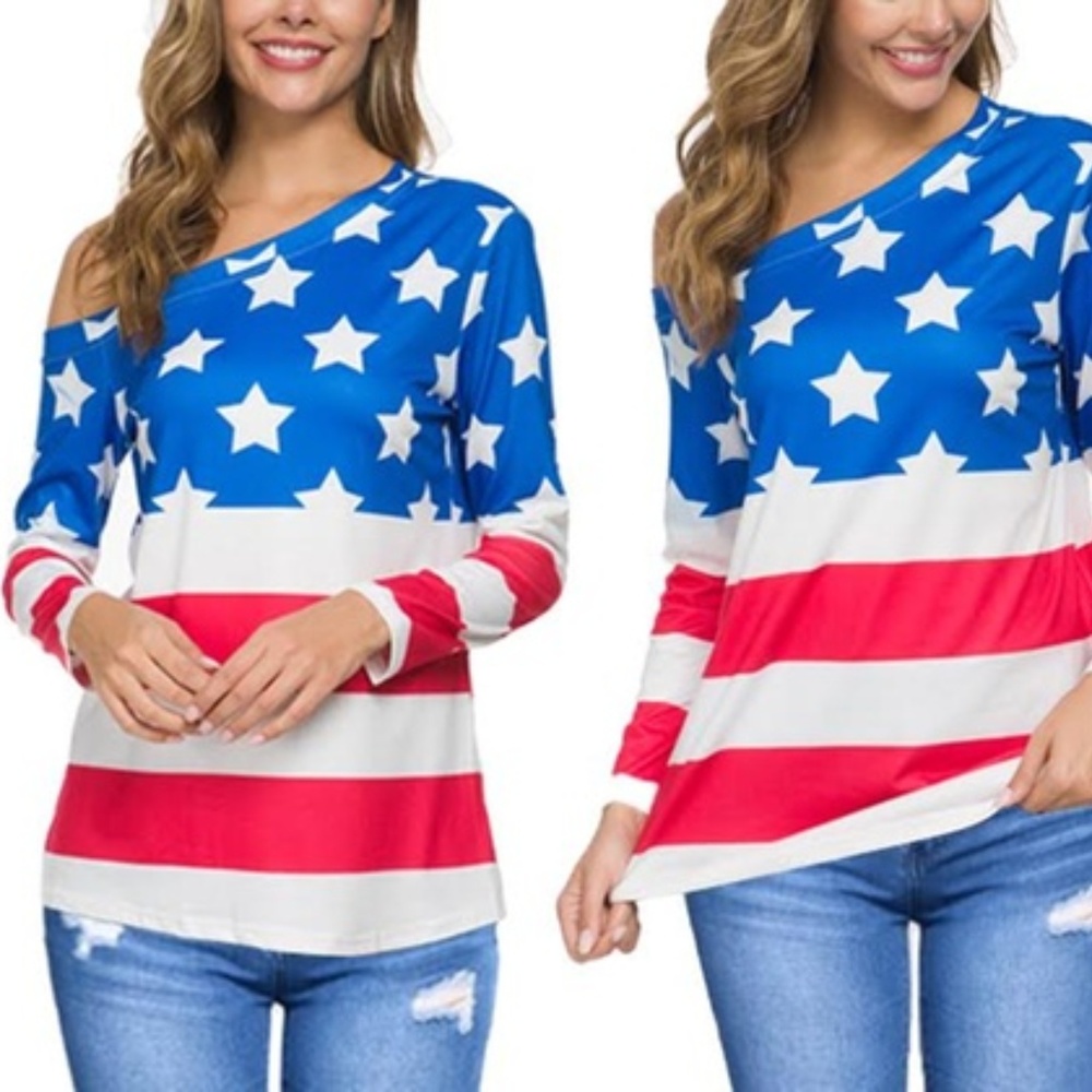 American Flag Off-Shoulder Long Sleeve Top L A0034